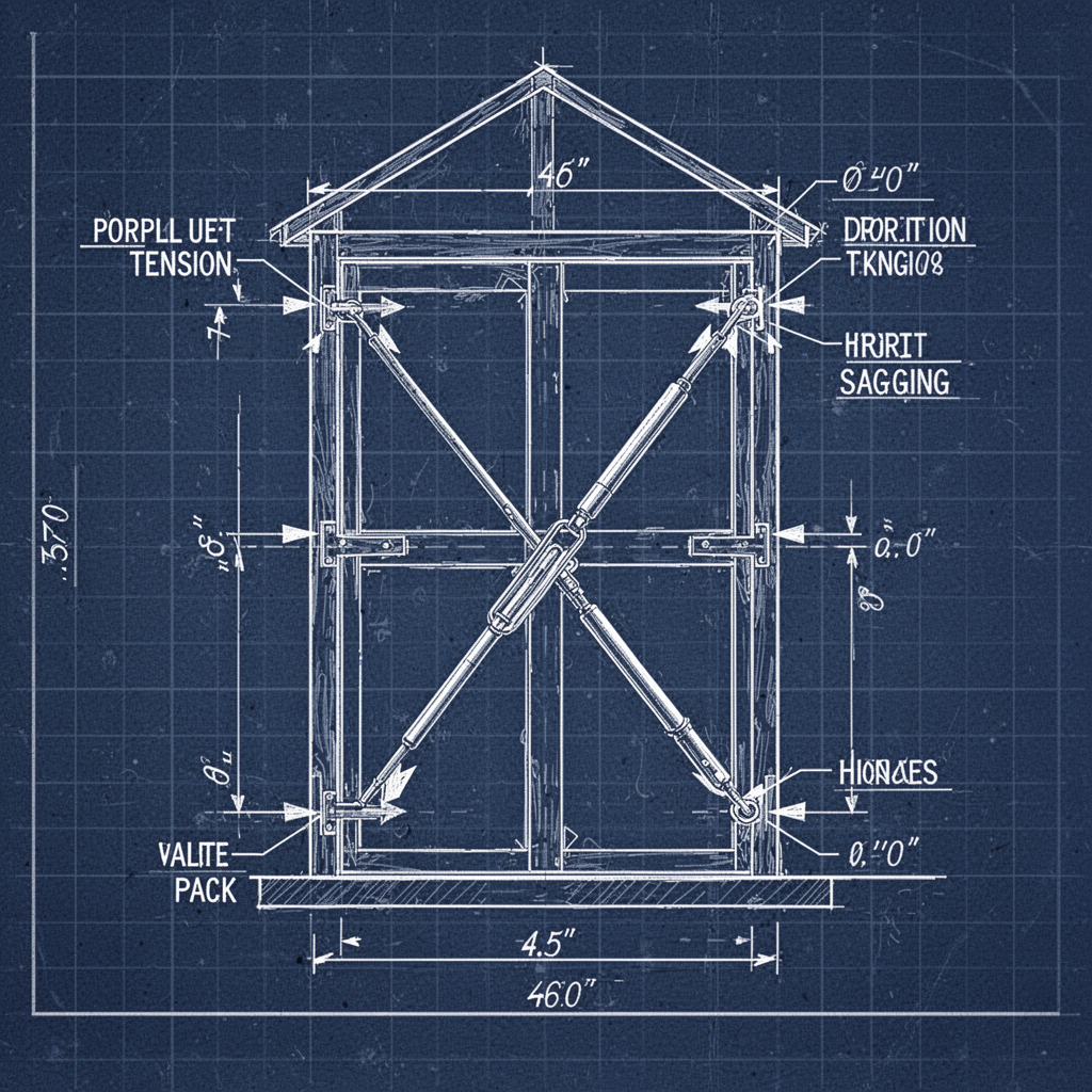 A clean, technical 2D blueprint diagram on a grid background, showing a greenhouse door frame with arrows indicating the points of tension (hinges) and the placement of a diagonal turnbuckle brace to correct sagging, clearly labeled with part names.