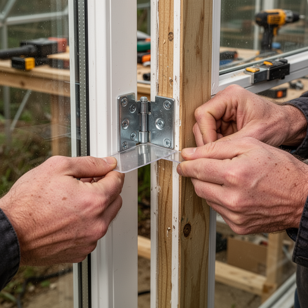 An eye-level view of a person sliding a thin, durable plastic shim behind a hinge plate on a greenhouse door frame to adjust the door's angle.