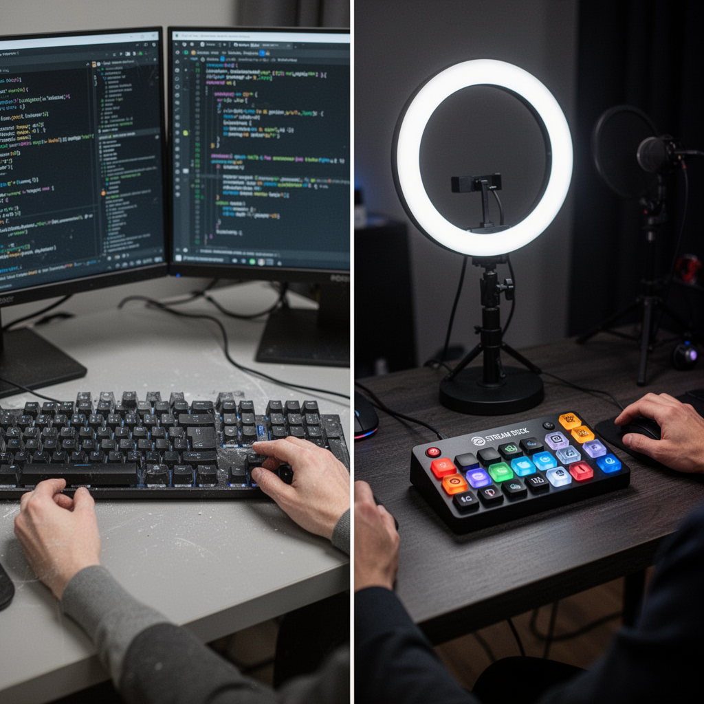 A side-by-side comparison photograph: one side showing a clean desk with a mechanical keyboard and a coding screen, the other showing a desk with a Stream Deck, ring light, and professional studio aesthetic.