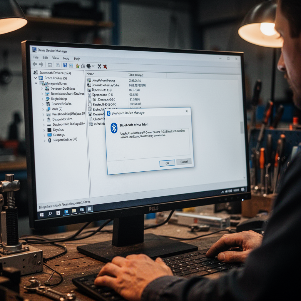 A professional, close-up shot of a computer monitor displaying the Windows Device Manager window with the Bluetooth driver update dialog box open, cinematic lighting, shallow depth of field.
