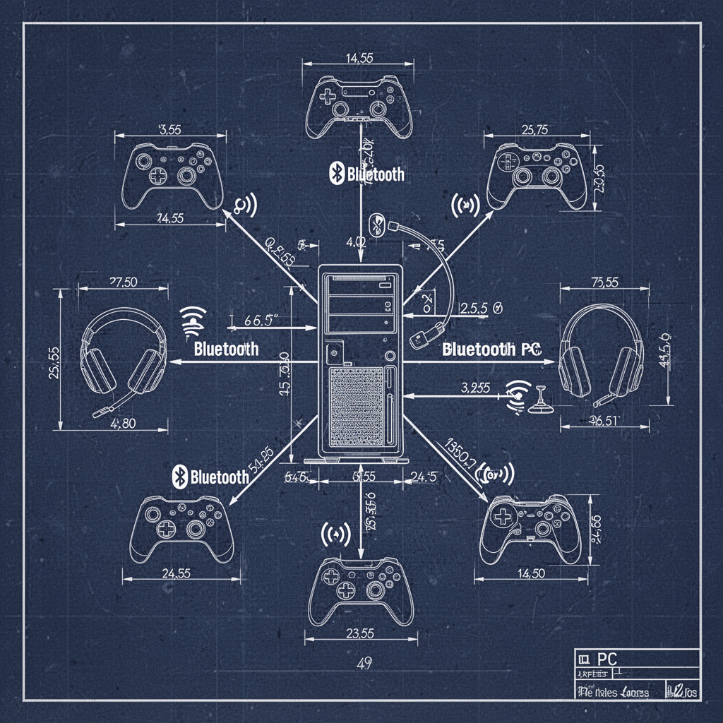 A technical blueprint-style diagram showing a PC at the center with multiple lines representing Bluetooth connections to various gaming controllers and a headset, with signal strength icons and clear labels, minimalist white-on-blue design.