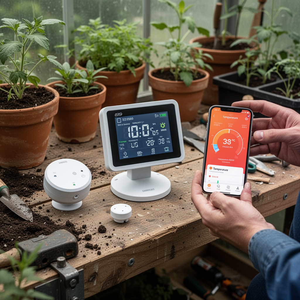 A collection of various greenhouse sensor devices arranged neatly on a garden potting bench, including a small round sensor, a square digital monitor with a base station, and a smartphone displaying a temperature alert notification.