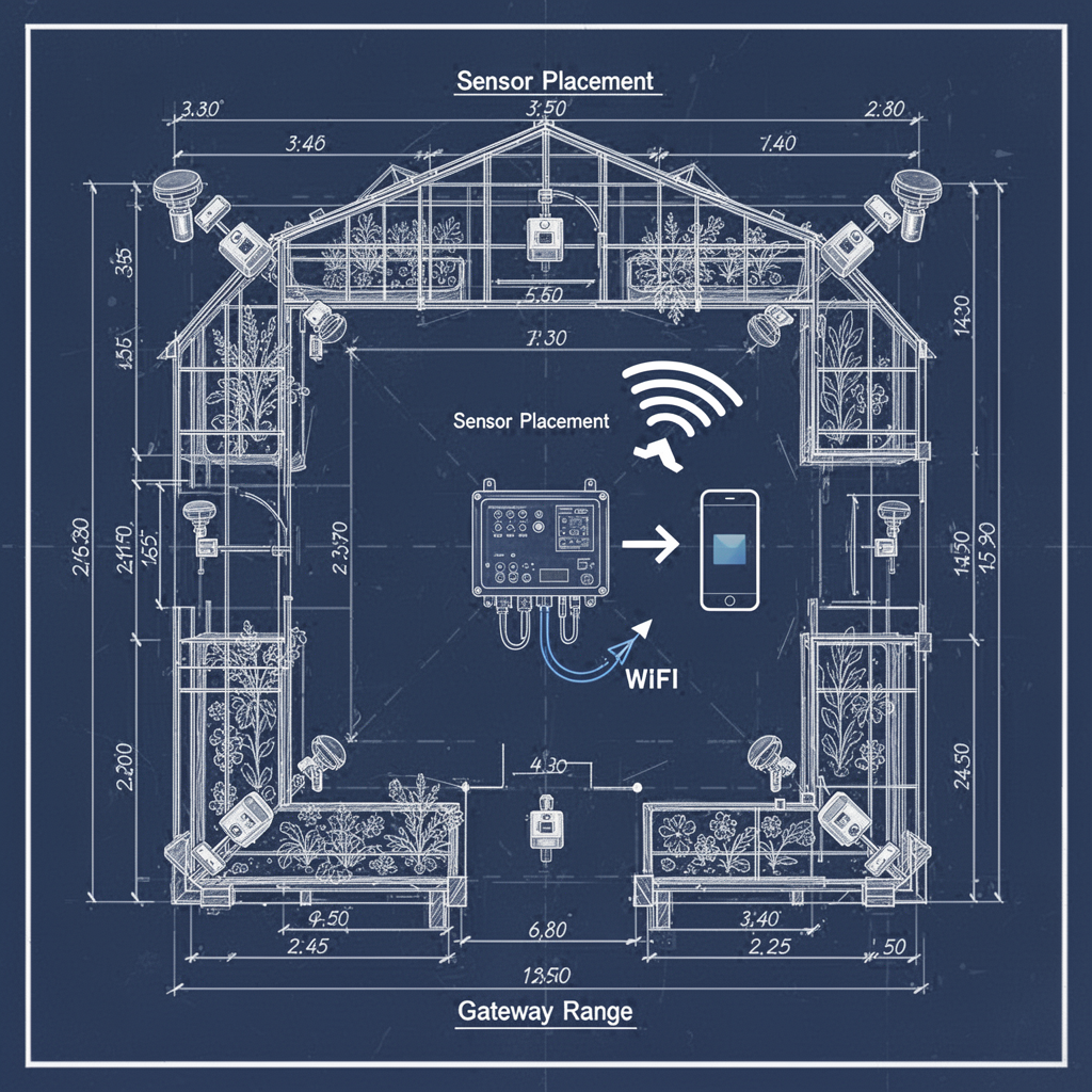 A detailed, clear technical diagram showing a greenhouse layout with a central controller box, multiple sensor nodes placed in various corners of the greenhouse, and a WiFi arrow connecting to a smartphone icon, annotated with labels like "Sensor Placement" and "Gateway Range".