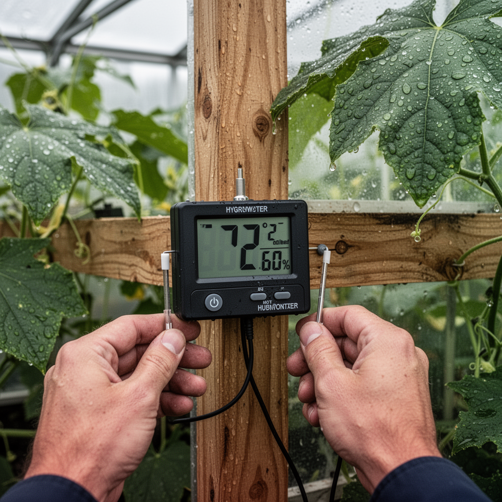 A professional ultra-realistic photograph of a digital greenhouse hygrometer sensor mounted on a wooden beam inside a lush greenhouse, with dew drops on leaves in the background, sharp focus on the digital screen showing 72 degrees Fahrenheit and 60% humidity.