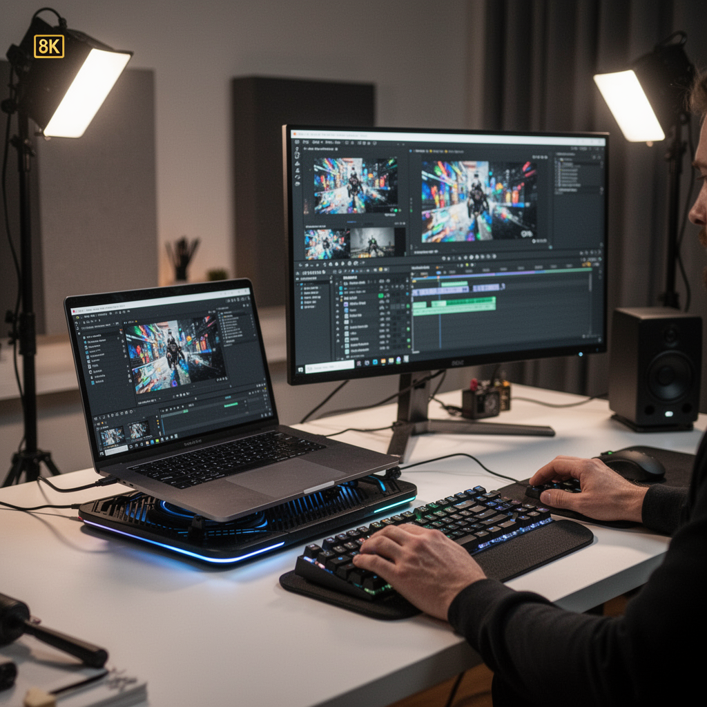A professional, ultra-realistic, wide-angle shot of a home studio setup featuring a laptop on a cooling pad, high-end monitor, mechanical keyboard, soft ambient lighting, clean and minimalist aesthetic, professional video editing setup, sharp focus, 8k.