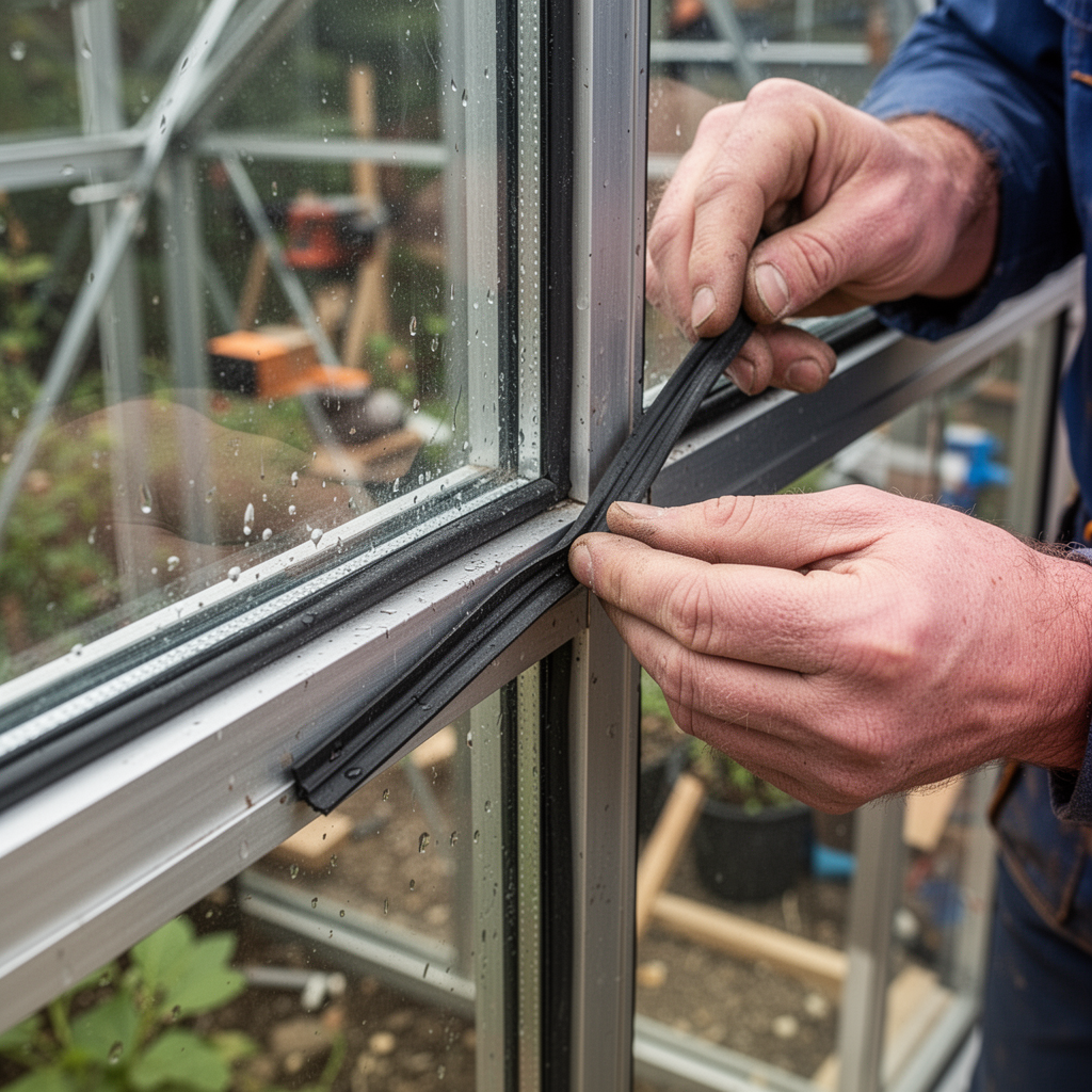 A close-up, macro shot of a person applying heavy-duty rubber weatherstripping to the frame of a glass greenhouse door.
