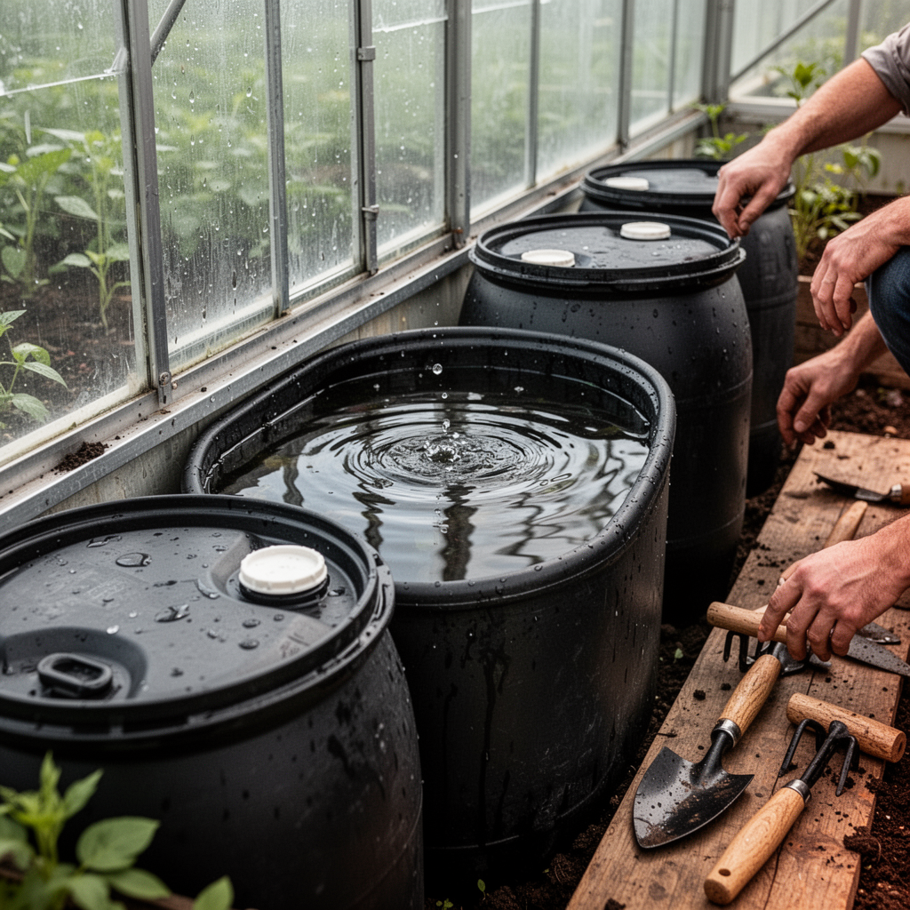 A close-up side view of water-filled black barrels placed strategically against the interior north wall of a greenhouse, with gardening tools nearby.