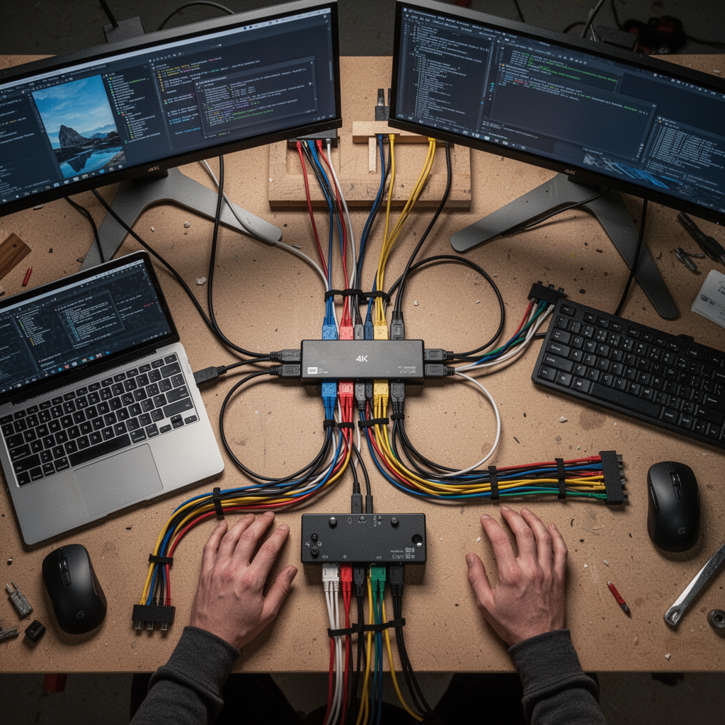 A top-down "flat lay" photograph of a desk workspace. In the center is a docking station, with various color-coded cables neatly organized via cable ties, leading to a laptop, mouse, keyboard, and two 4K monitors.