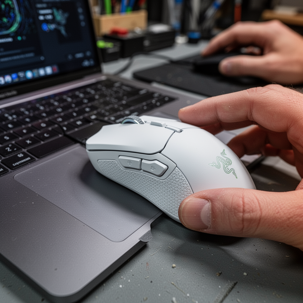 A close-up, angled shot of the Razer Orochi V2 in white, showcasing the contoured side buttons and the high-quality texture on the side grips, sitting beside a MacBook Pro.