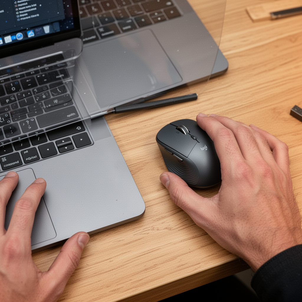 A sleek, top-down view of the Logitech MX Anywhere 3S in Graphite color sitting next to a space gray MacBook Air on a clean wooden desk, emphasizing its compact, ergonomic curvature.