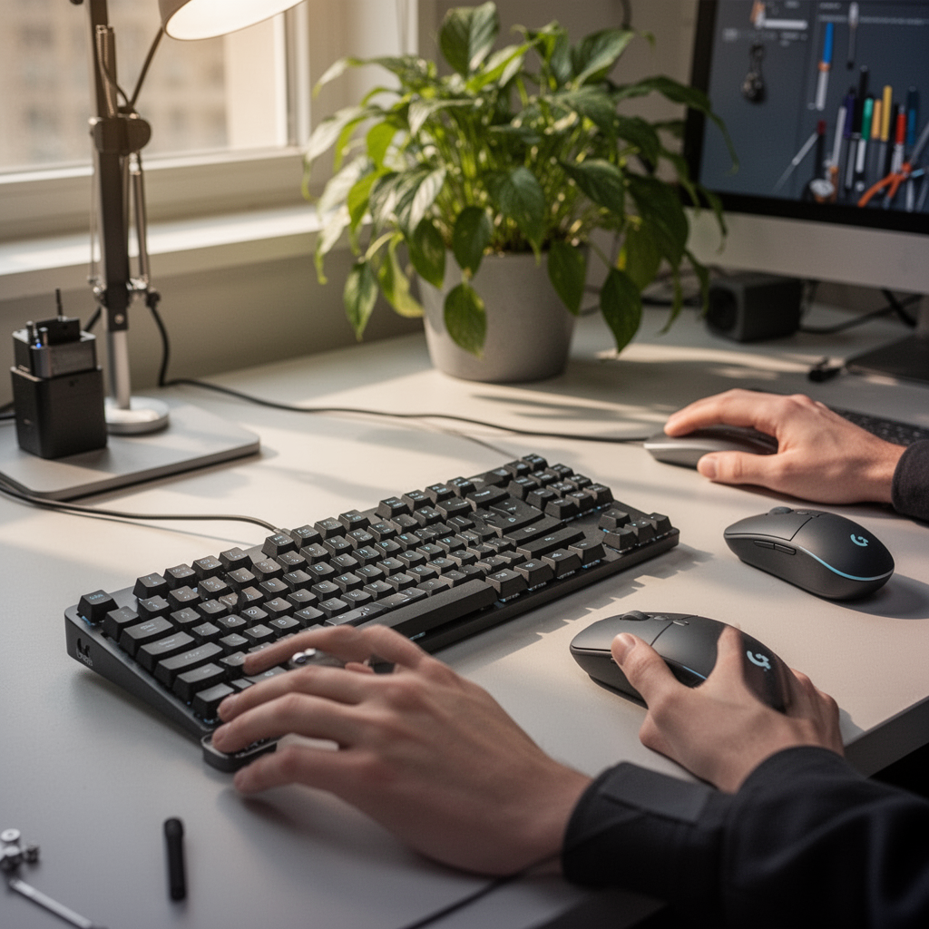 An ergonomic office workstation setup with a clean, modern aesthetic featuring the Logitech MX Mechanical keyboard, a matching wireless mouse, and a lush indoor plant in the background, bathed in soft afternoon natural light.