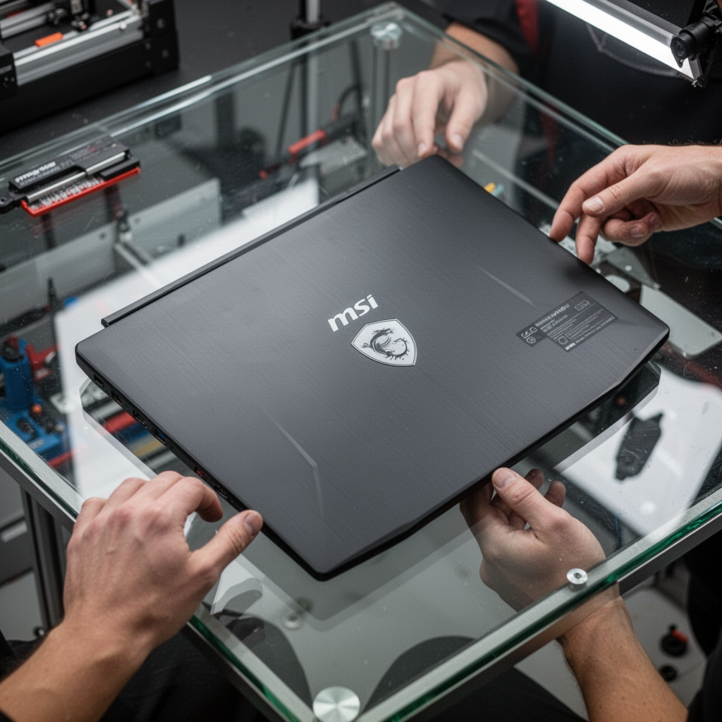 A thin MSI GF63 laptop sitting on a glass surface, overhead view, crisp reflections, clean aesthetic, studio lighting, hyper-realistic, professional product photography.
